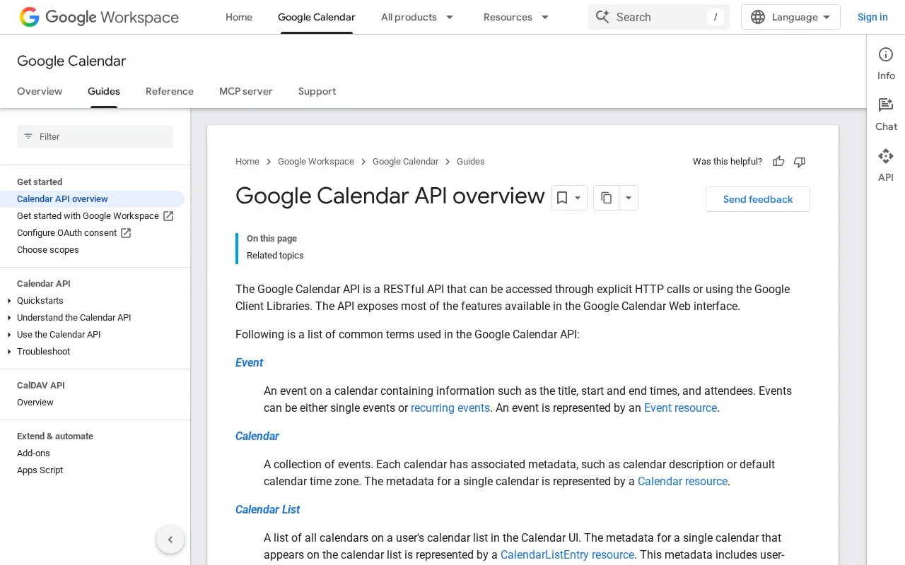 Screenshot of the Google Calendar API homepage