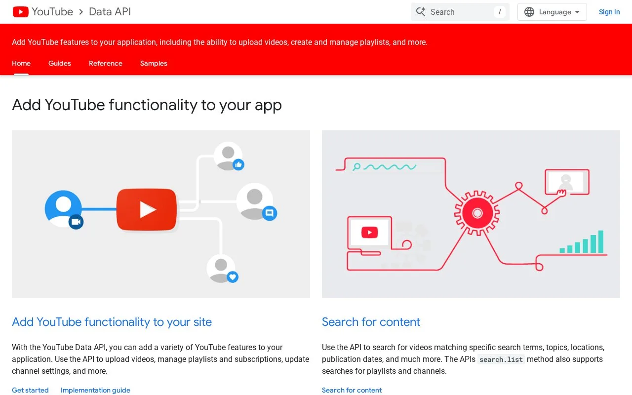 Screenshot of the YouTube Data API homepage