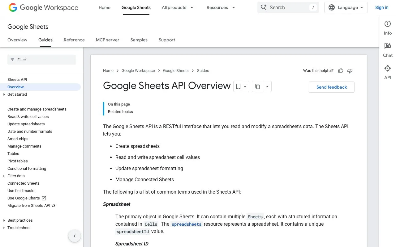 Screenshot of the Google Sheets API homepage