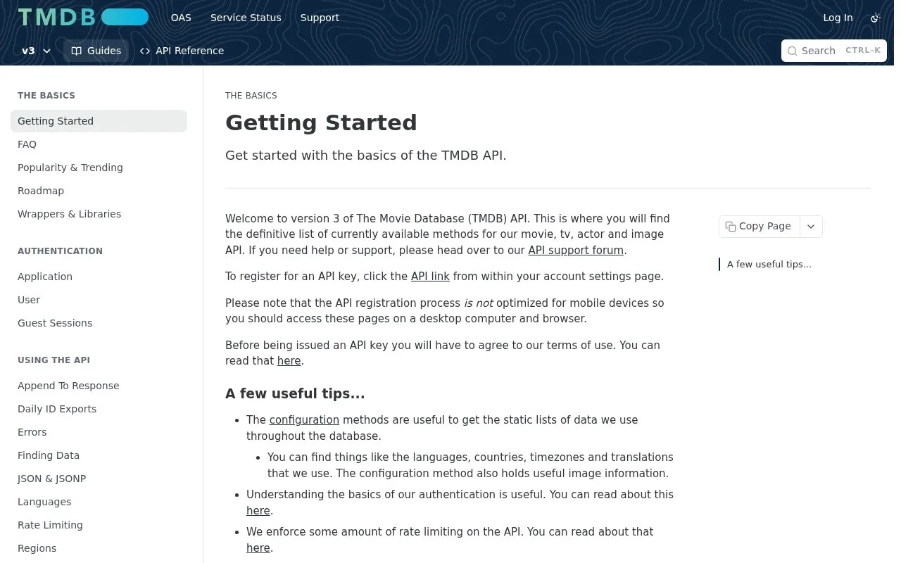Screenshot of the TMDB API homepage