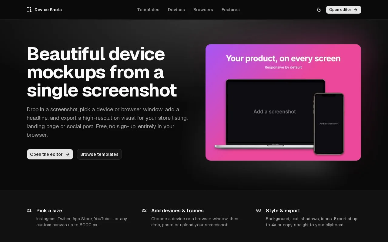 Screenshot of the Device Shots homepage