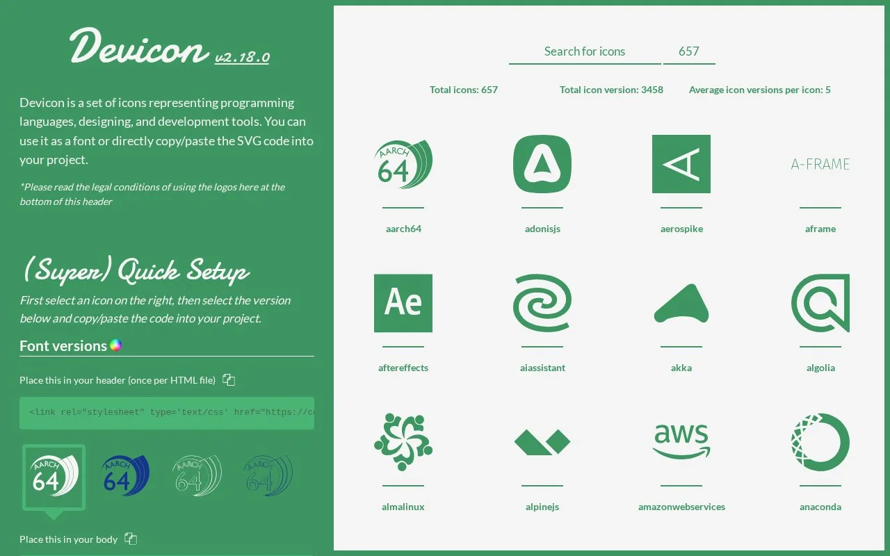 Screenshot of the Devicon homepage