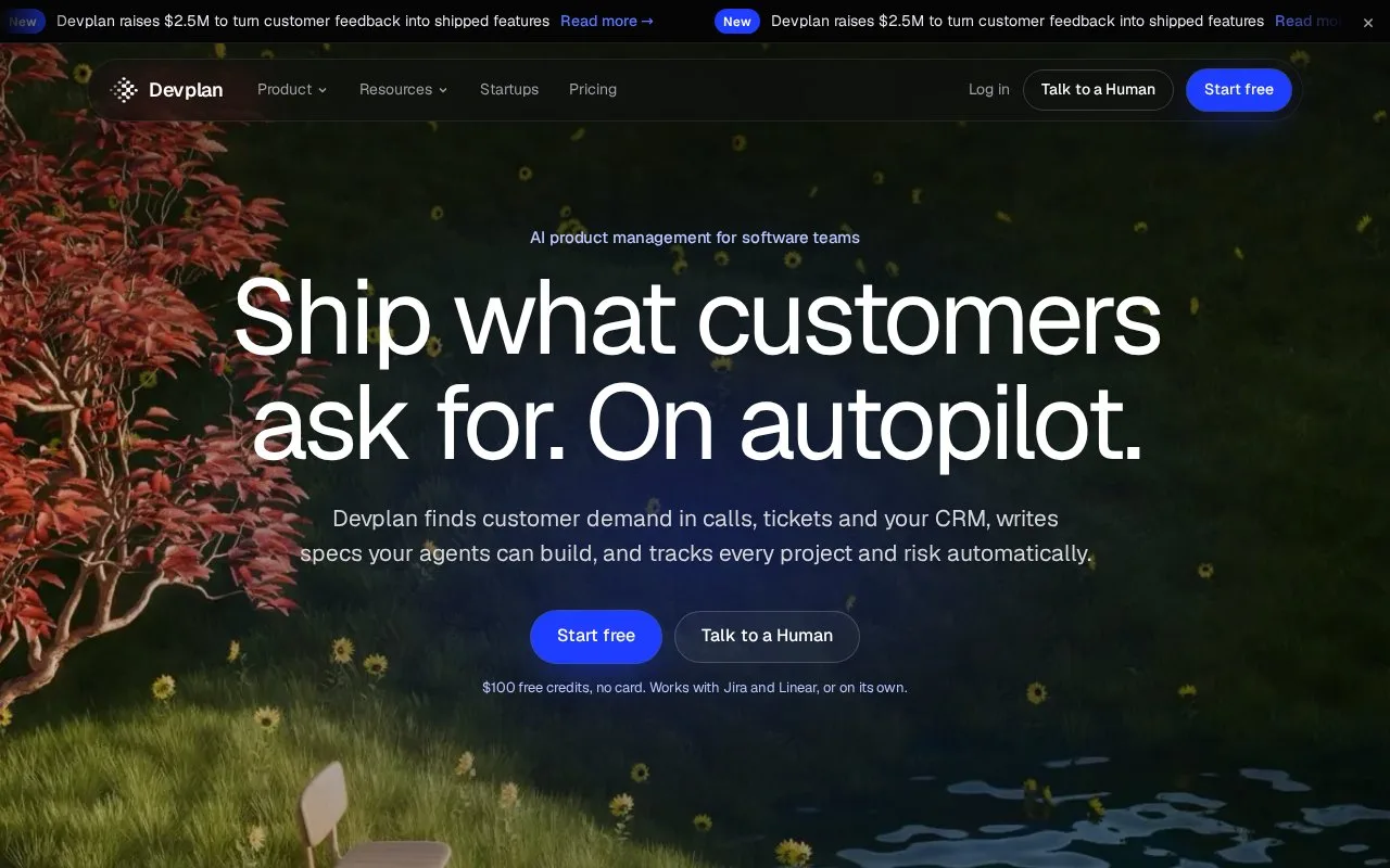 Screenshot of the Devplan homepage