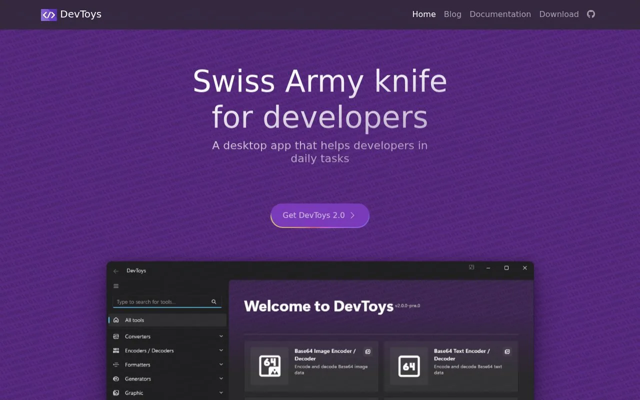 Screenshot of the DevToys homepage