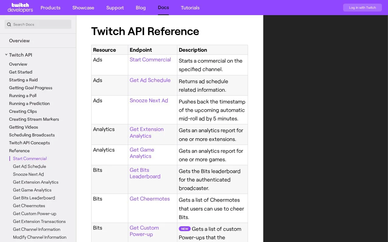 Screenshot of the Twitch Helix API homepage