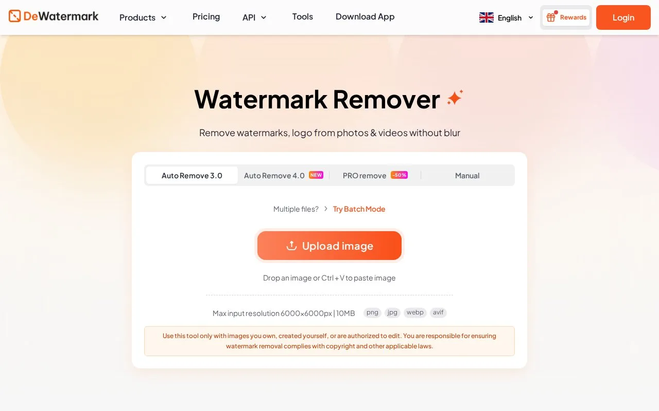Screenshot of the Dewatermark AI homepage