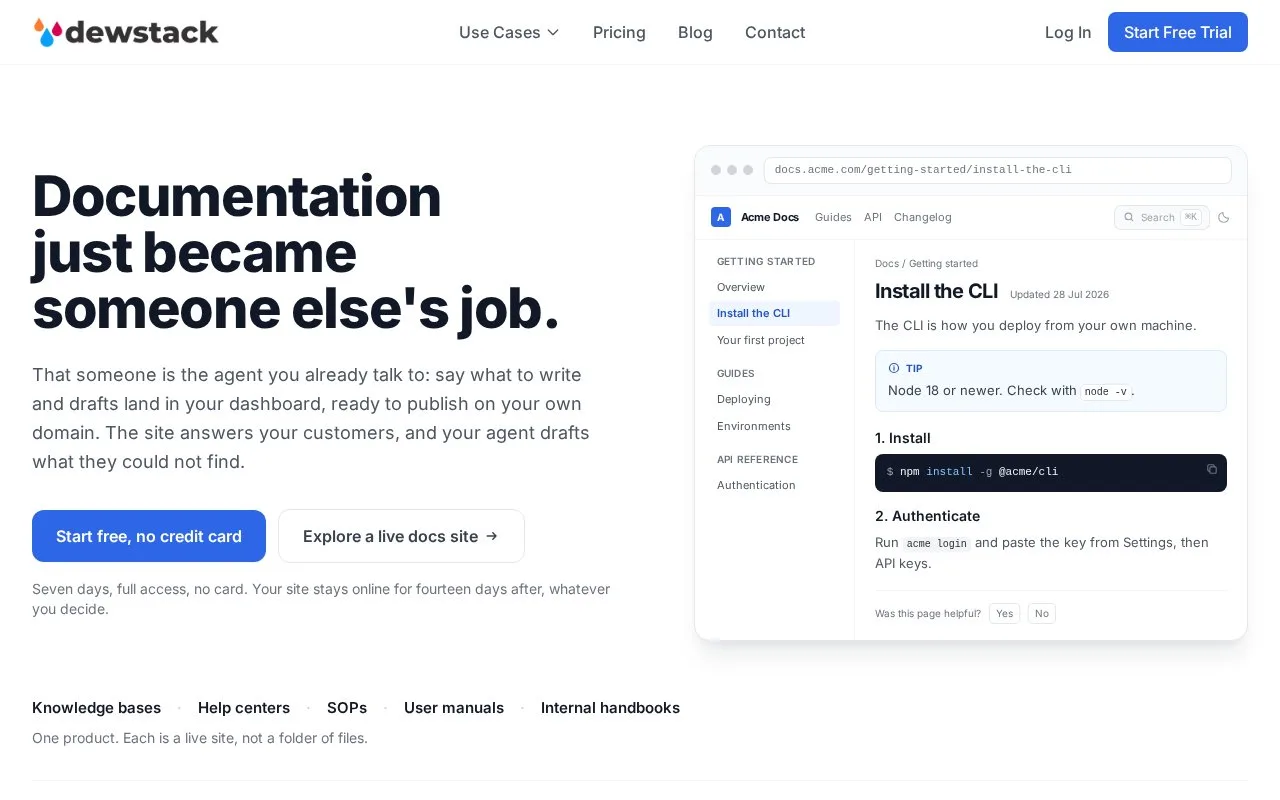 Screenshot of the Dewstack homepage