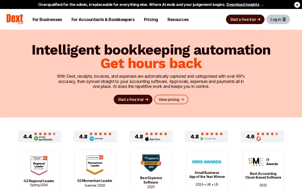 Screenshot of the Dext homepage