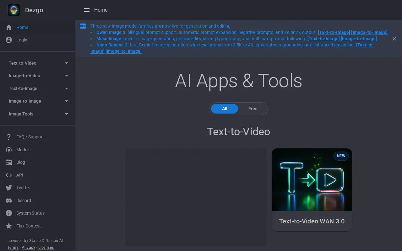 Screenshot of the Dezgo homepage