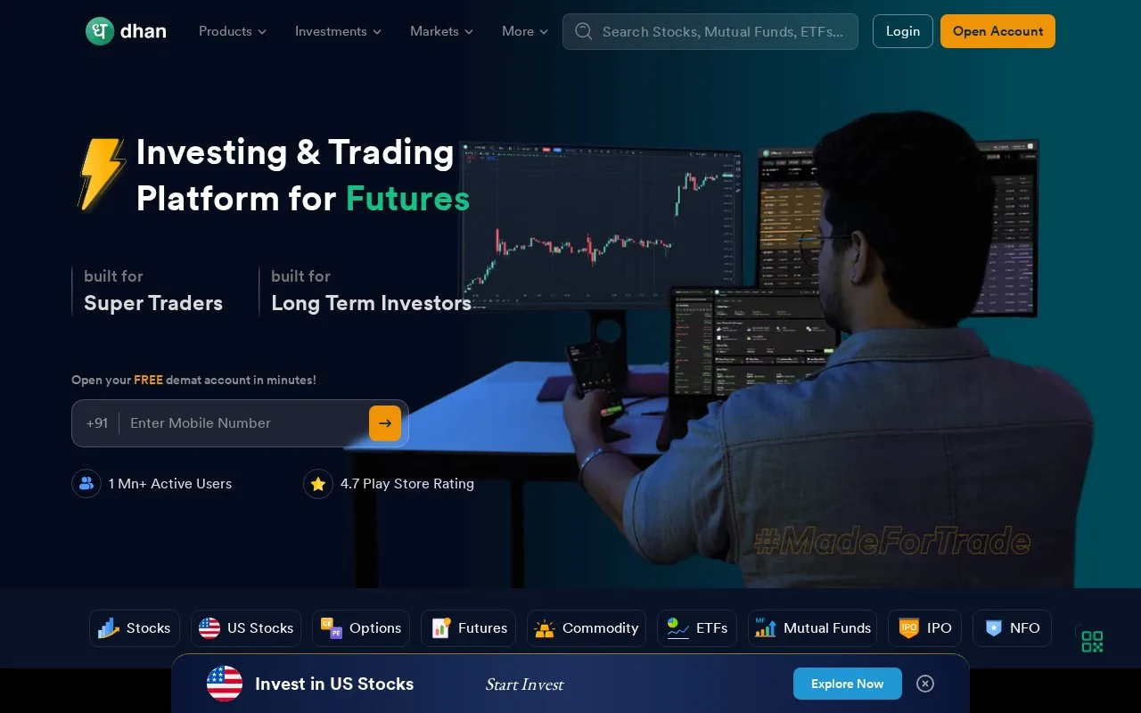 Screenshot of the Dhan homepage