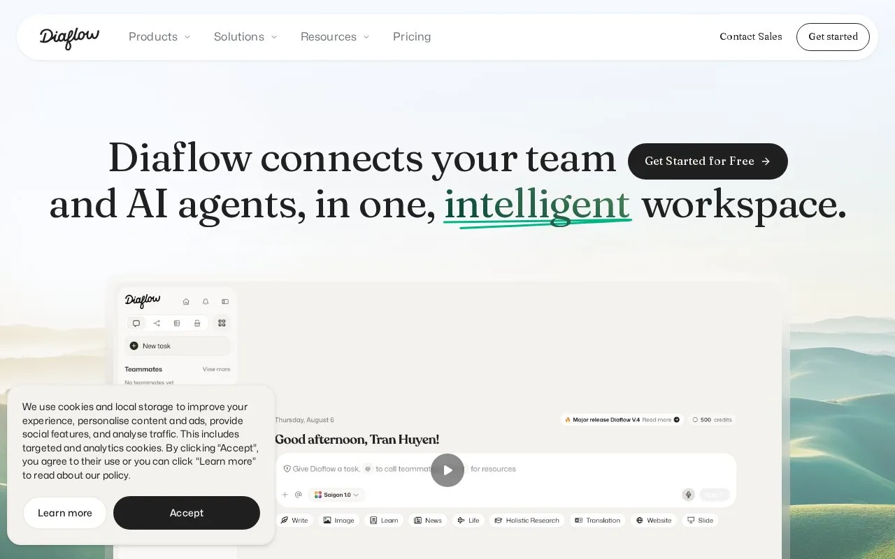 Screenshot of the Diaflow homepage