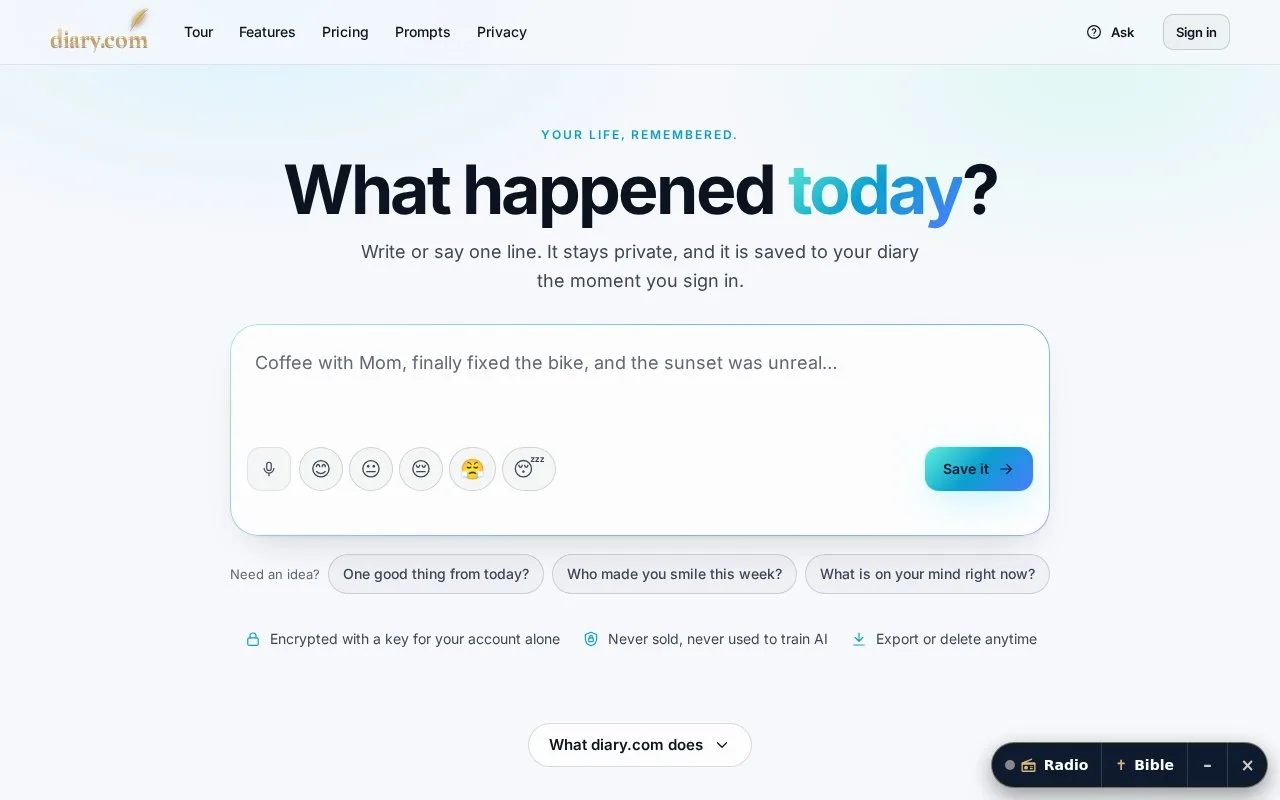 Screenshot of the Diary.com homepage