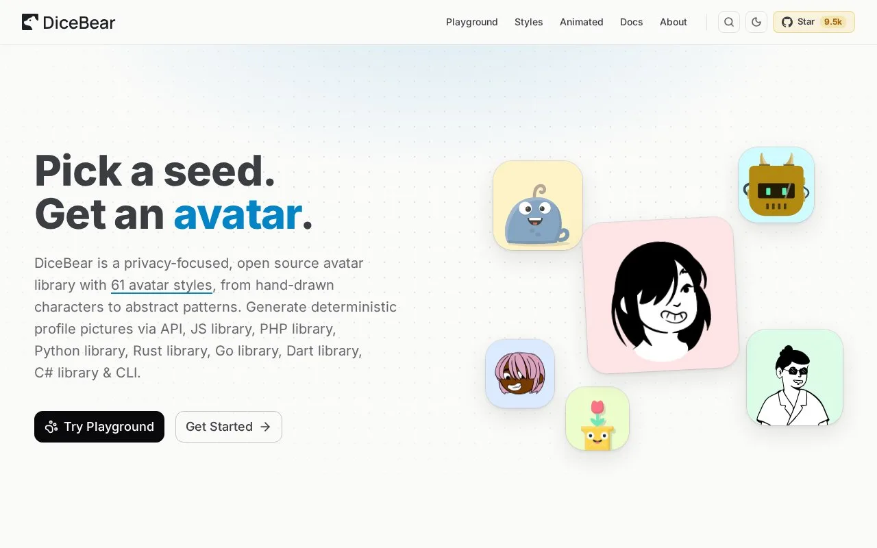 Screenshot of the DiceBear homepage