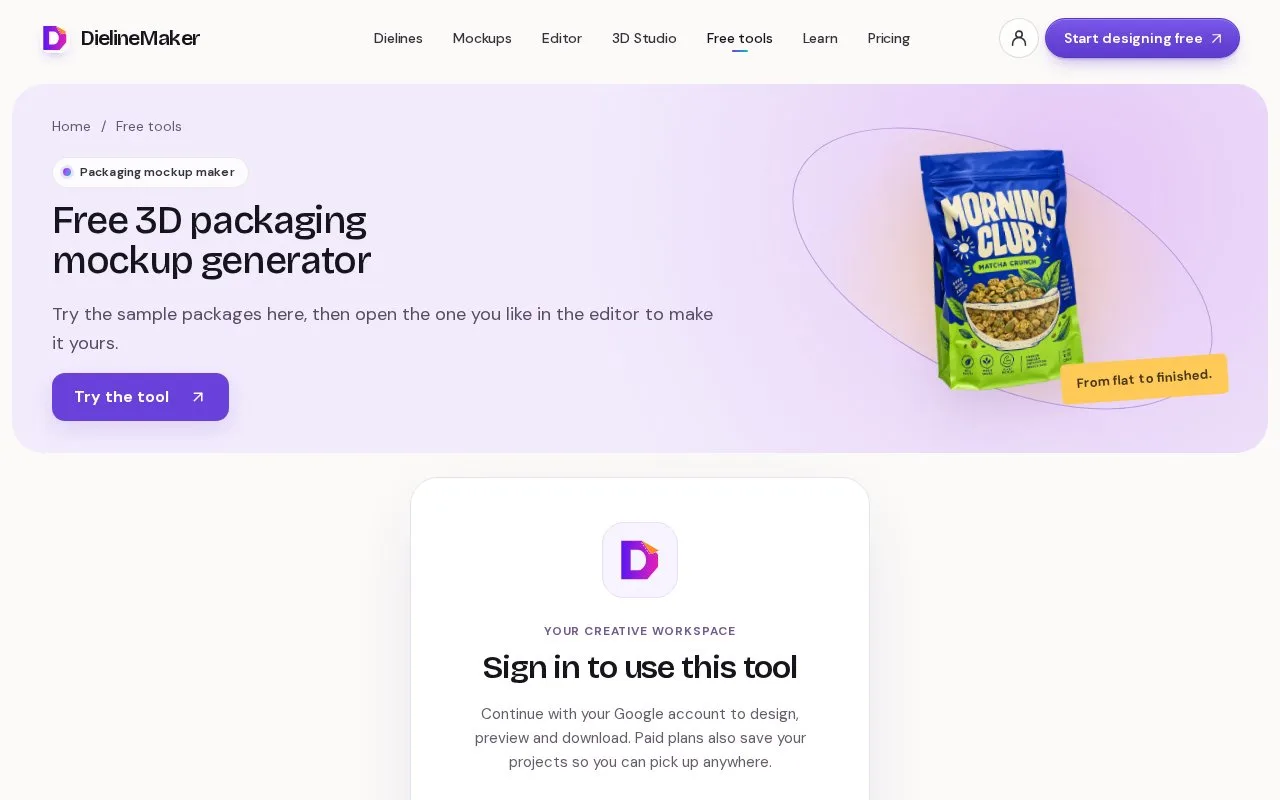 Screenshot of the DielineMaker homepage