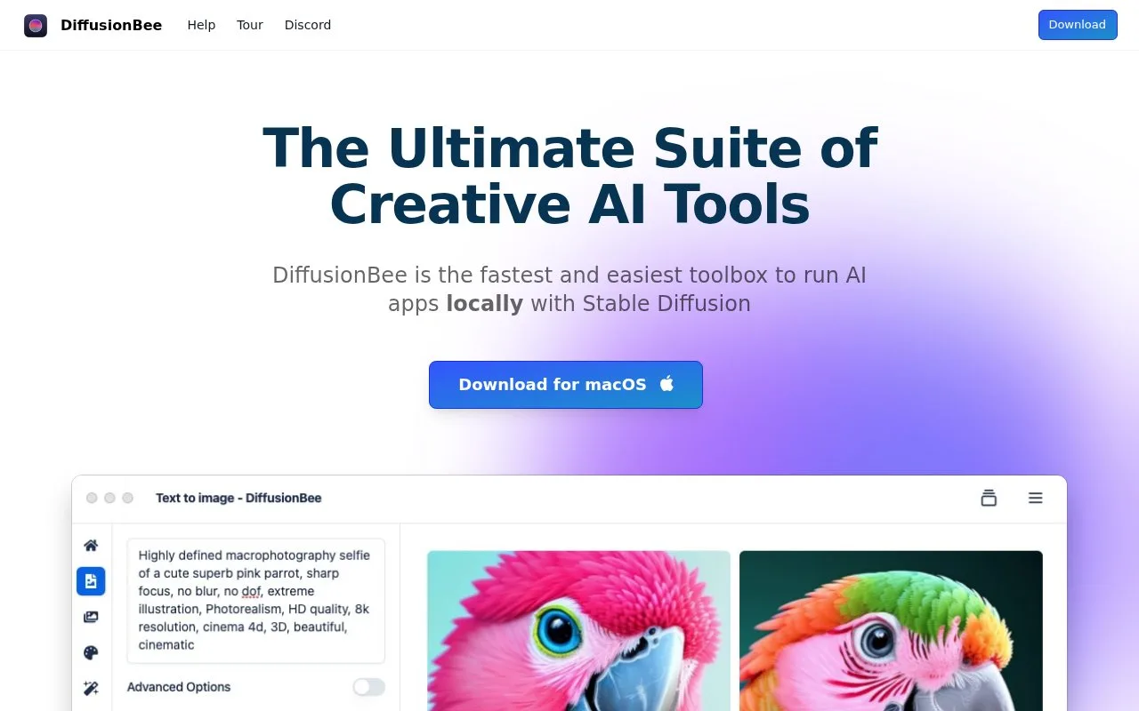 Screenshot of the DiffusionBee homepage