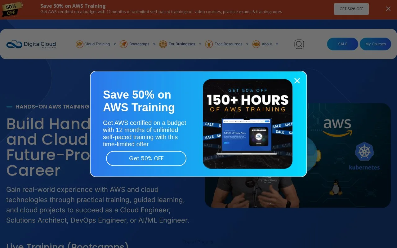 Screenshot of the Digital Cloud Training homepage
