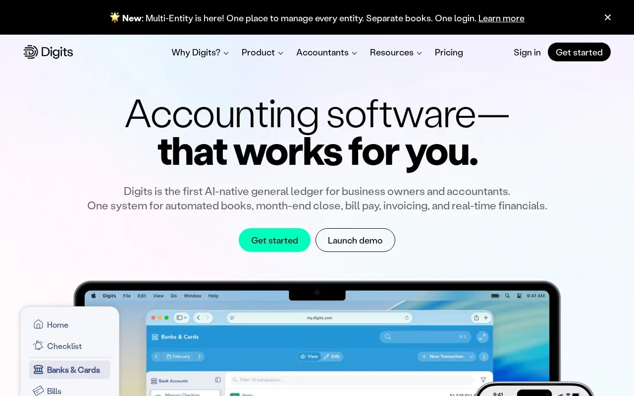 Screenshot of the Digits homepage
