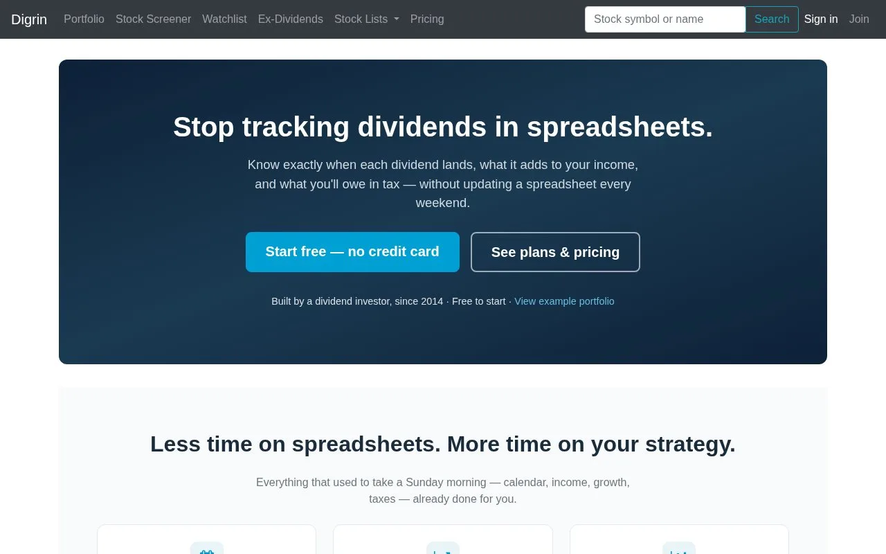 Screenshot of the Digrin homepage