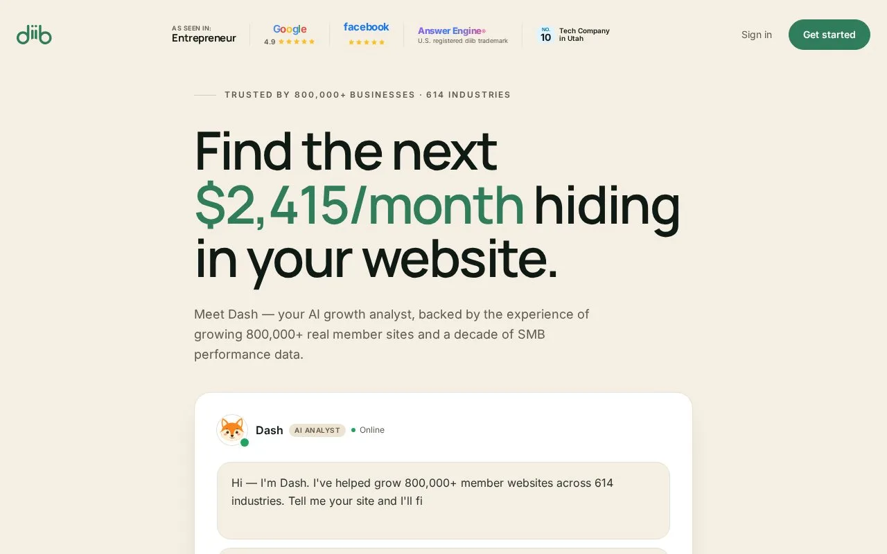 Screenshot of the diib homepage
