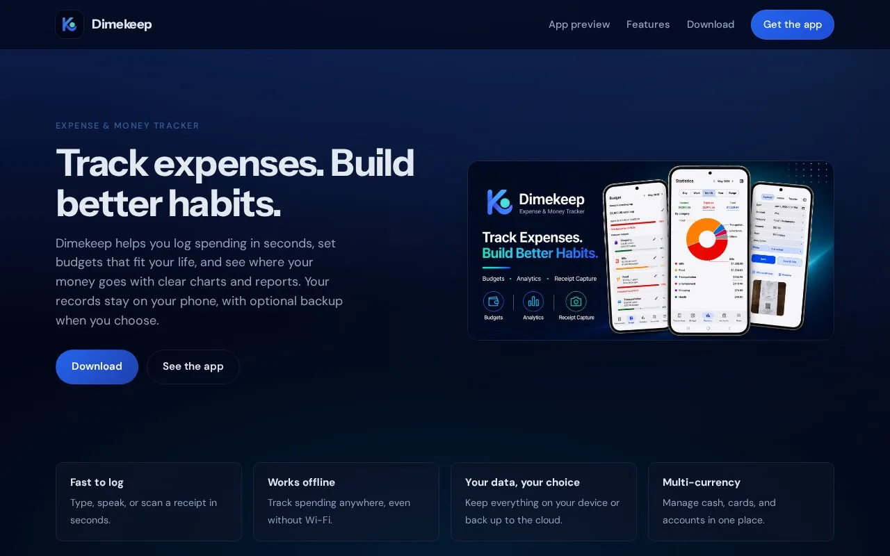 Screenshot of the Dimekeep homepage