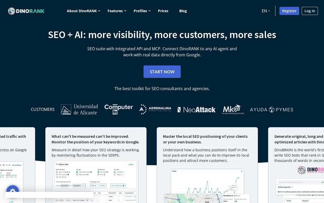 Screenshot of the DinoRANK homepage