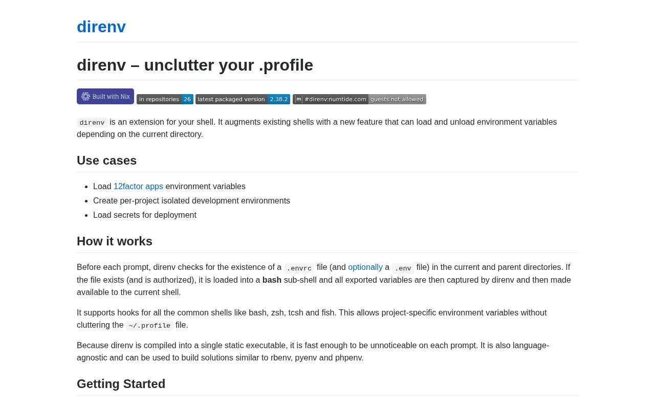 Screenshot of the direnv homepage