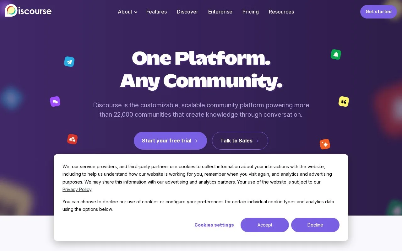 Screenshot of the Discourse homepage