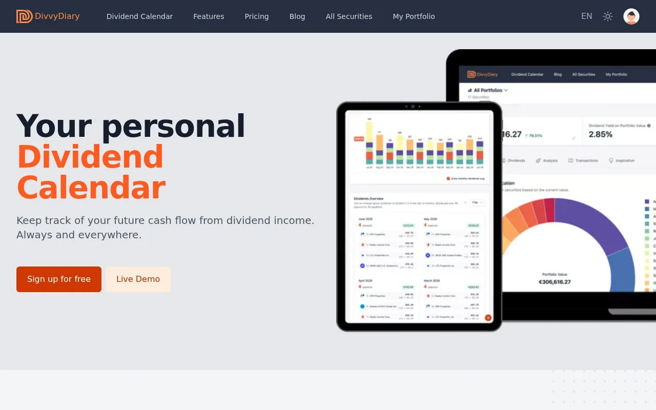 Screenshot of the DivvyDiary homepage