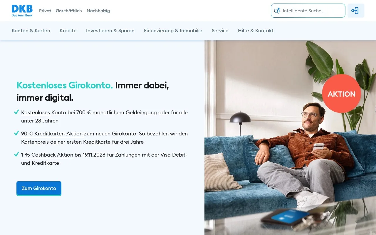 Screenshot of the DKB homepage