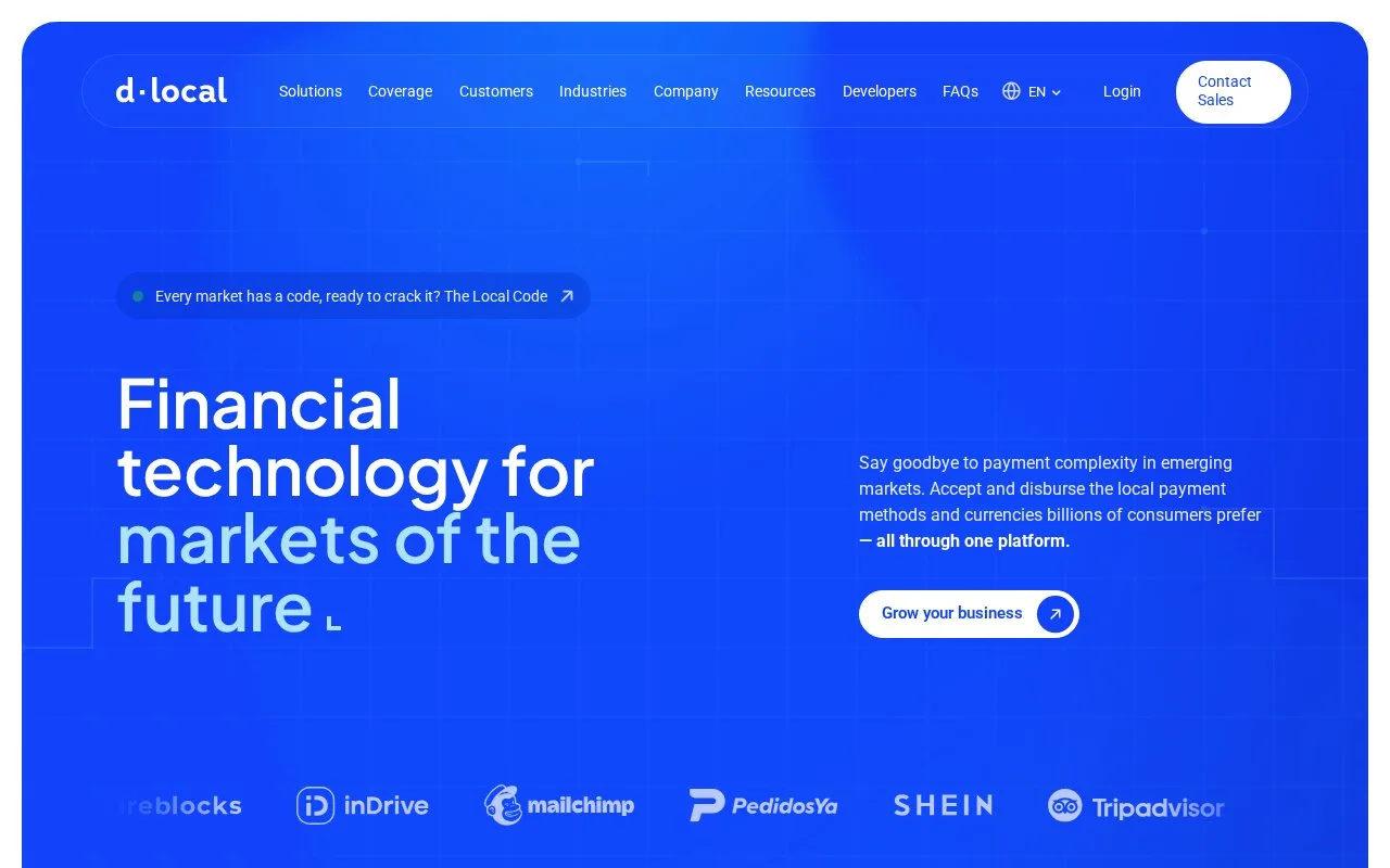 Screenshot of the dLocal homepage