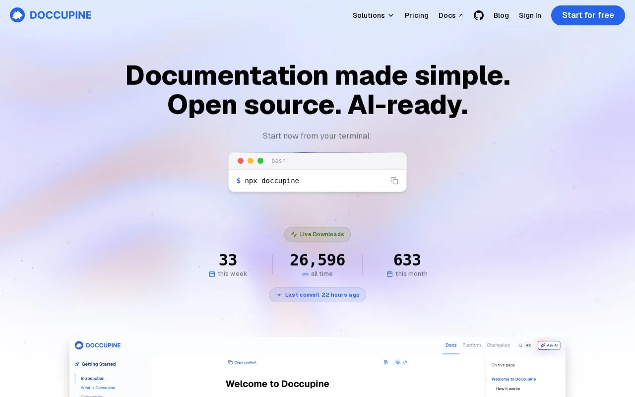 Screenshot of the Doccupine homepage