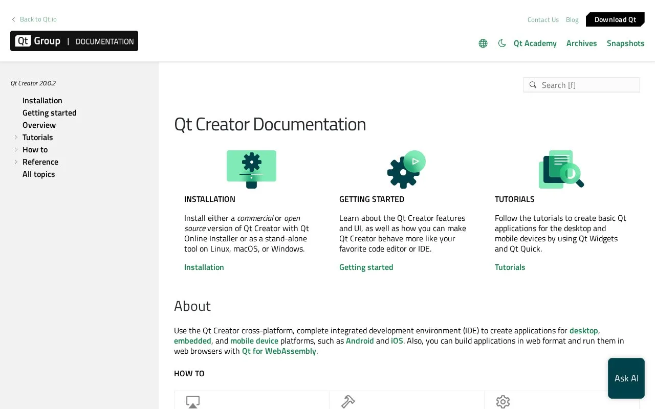 Screenshot of the Qt Creator homepage
