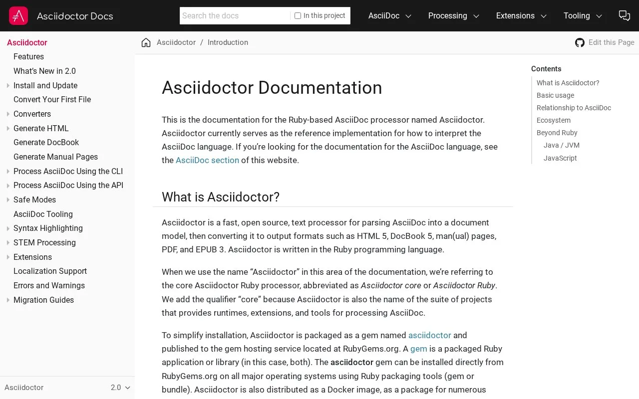 Screenshot of the Asciidoctor homepage