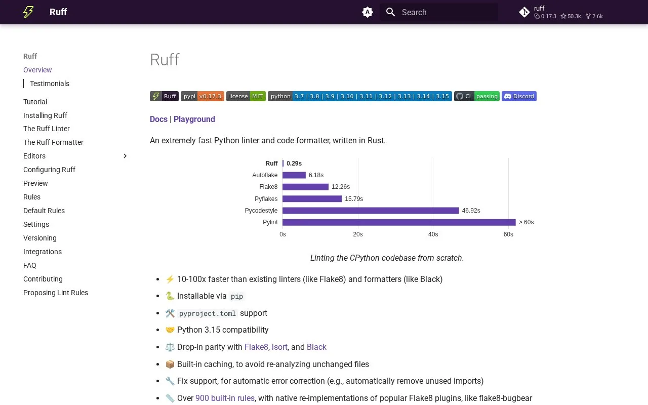 Screenshot of the Ruff homepage