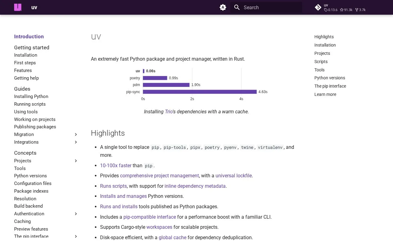 Screenshot of the uv homepage