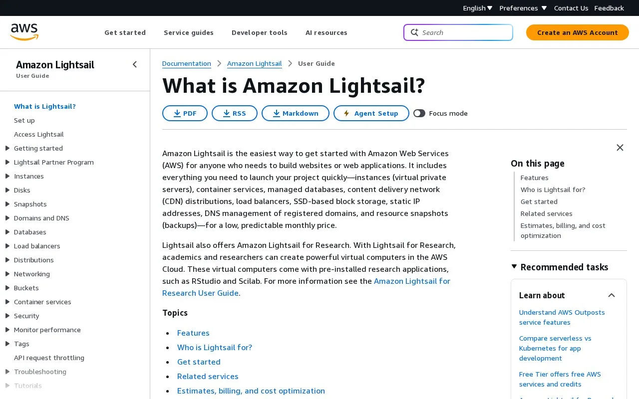 Screenshot of the Amazon Lightsail homepage