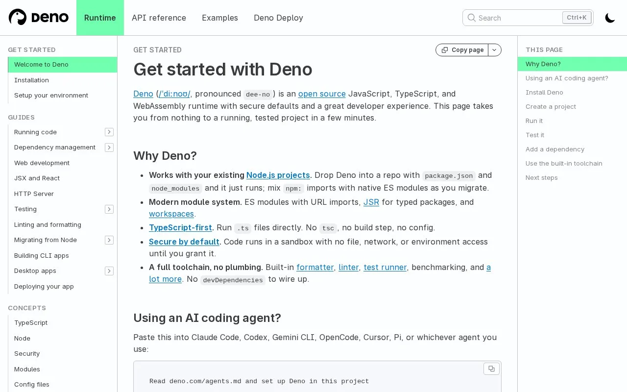 Screenshot of the Deno homepage