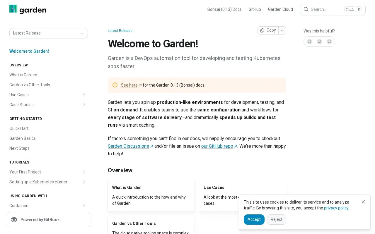 Screenshot of the Garden homepage