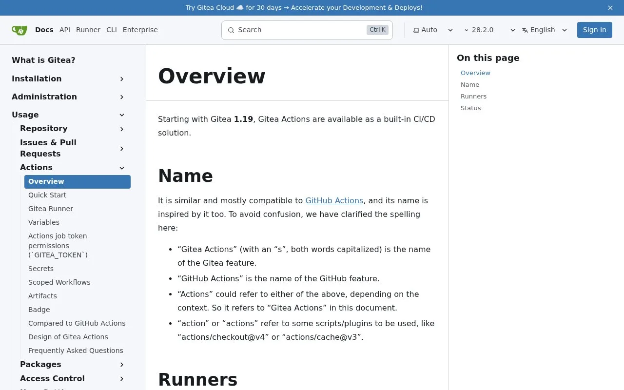 Screenshot of the Gitea Actions homepage