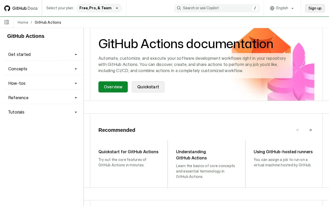 Screenshot of the GitHub Actions homepage