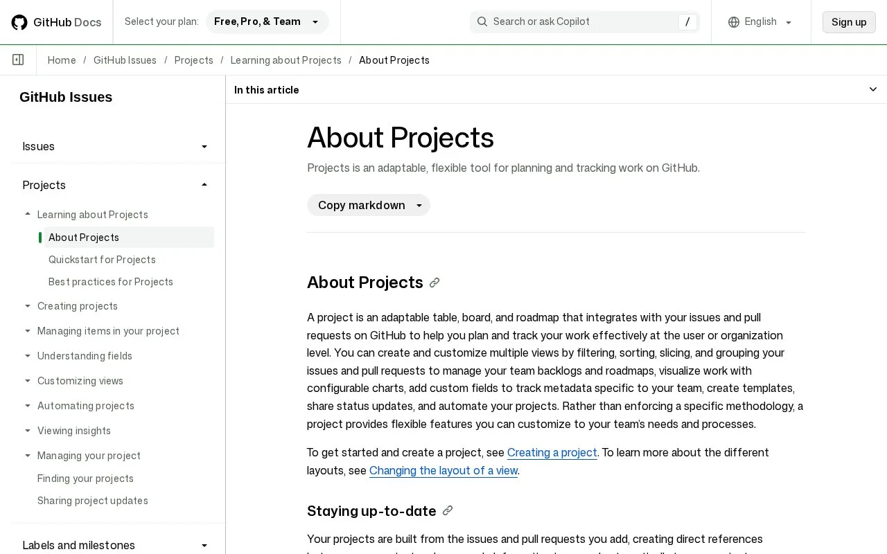Screenshot of the GitHub Projects homepage