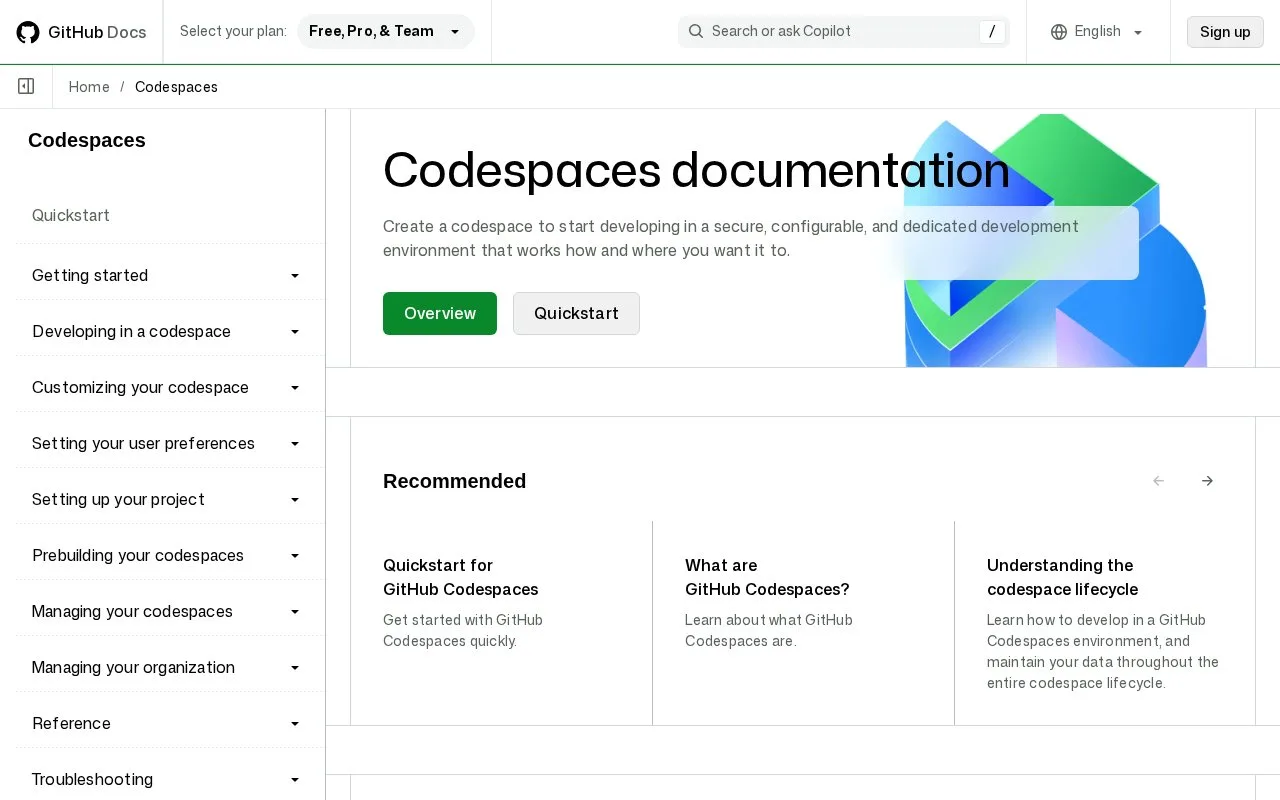 Screenshot of the GitHub Codespaces homepage