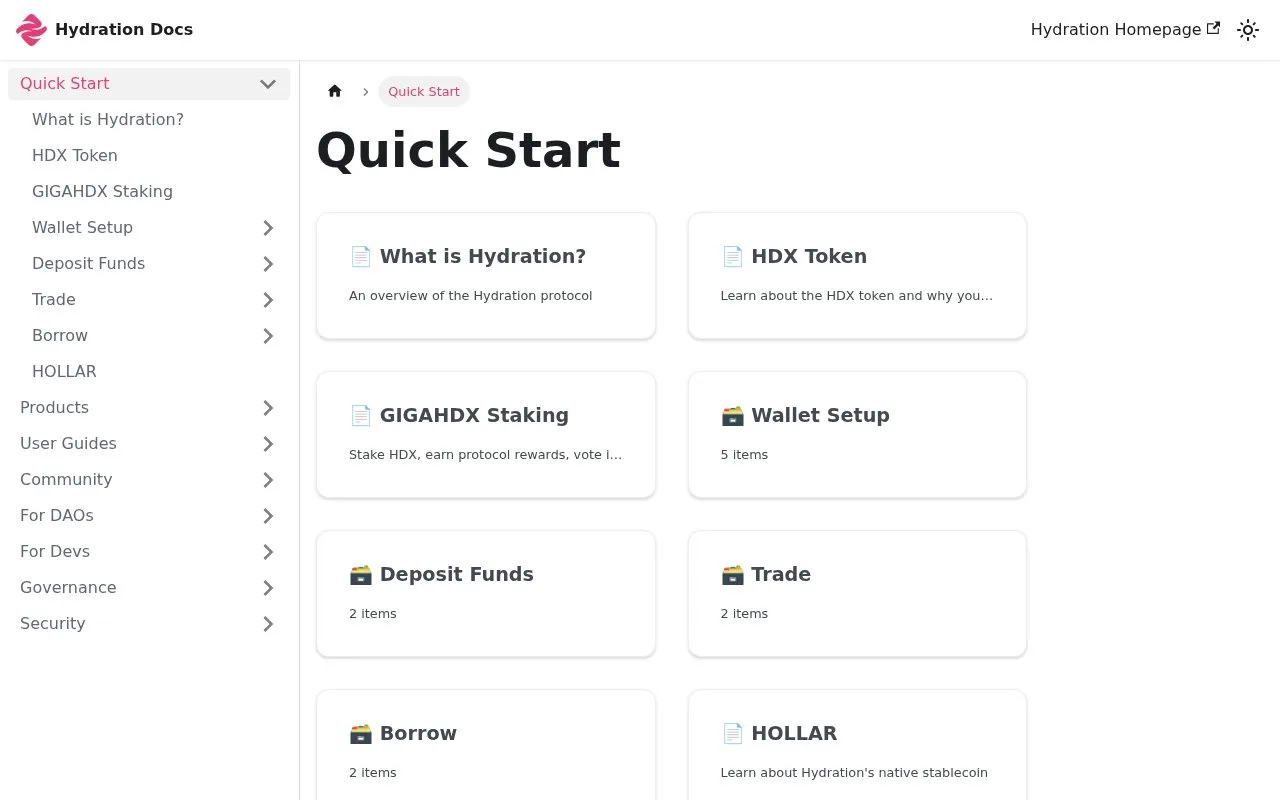 Screenshot of the Hydration homepage