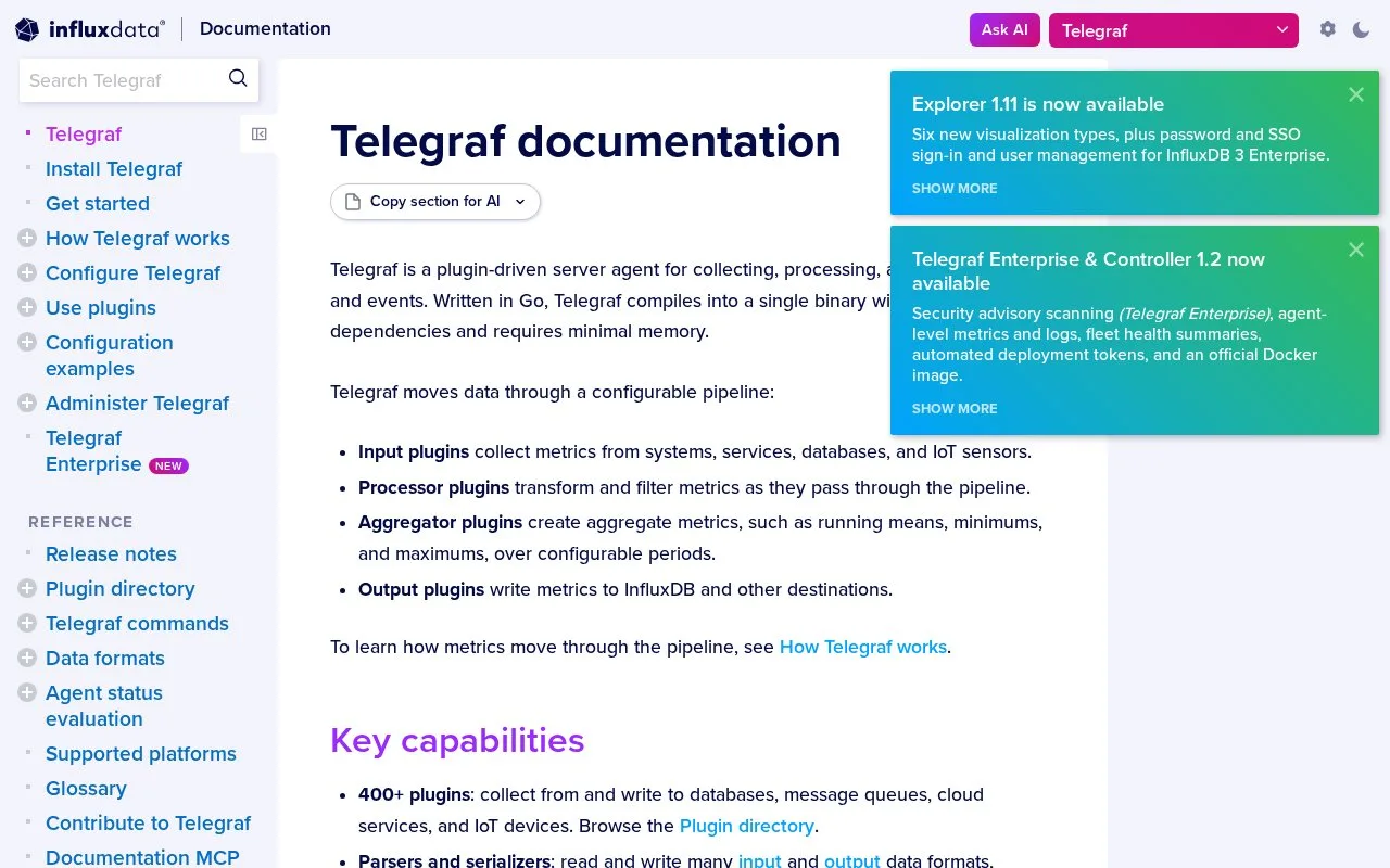 Screenshot of the Telegraf homepage