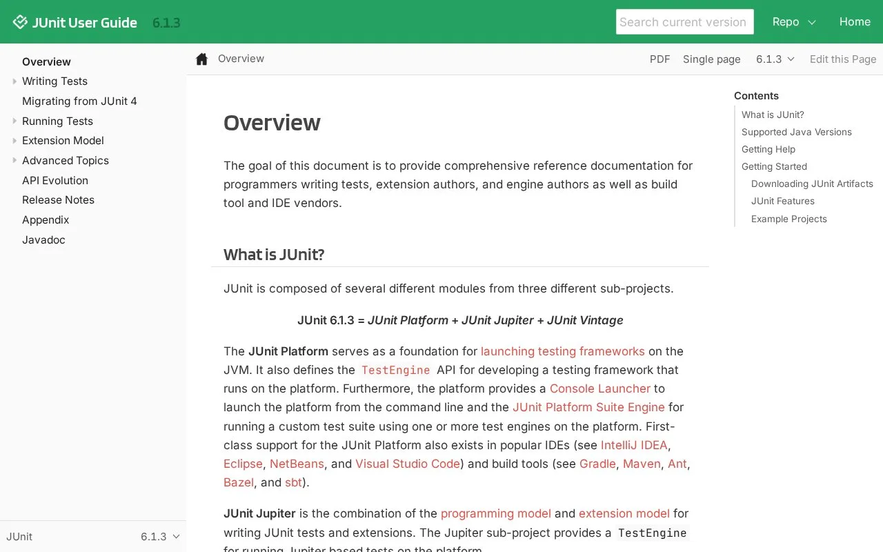 Screenshot of the JUnit homepage