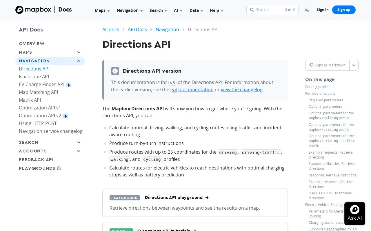 Screenshot of the Mapbox Directions API homepage