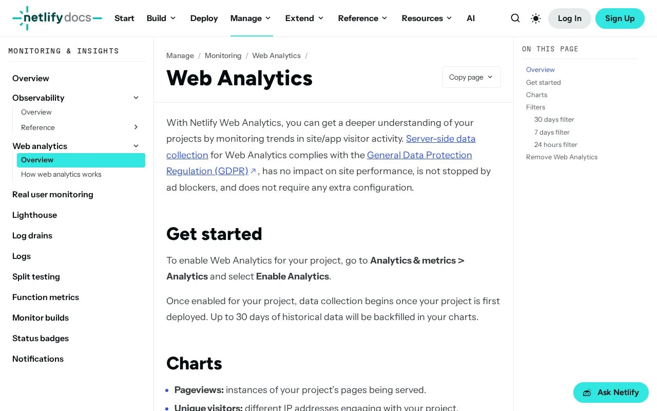 Screenshot of the Netlify Web Analytics homepage