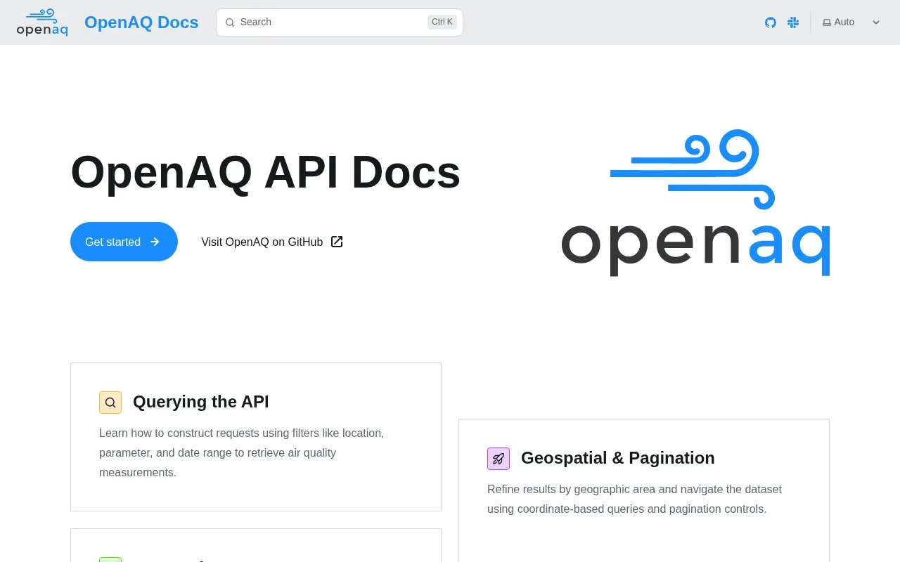 Screenshot of the OpenAQ API homepage