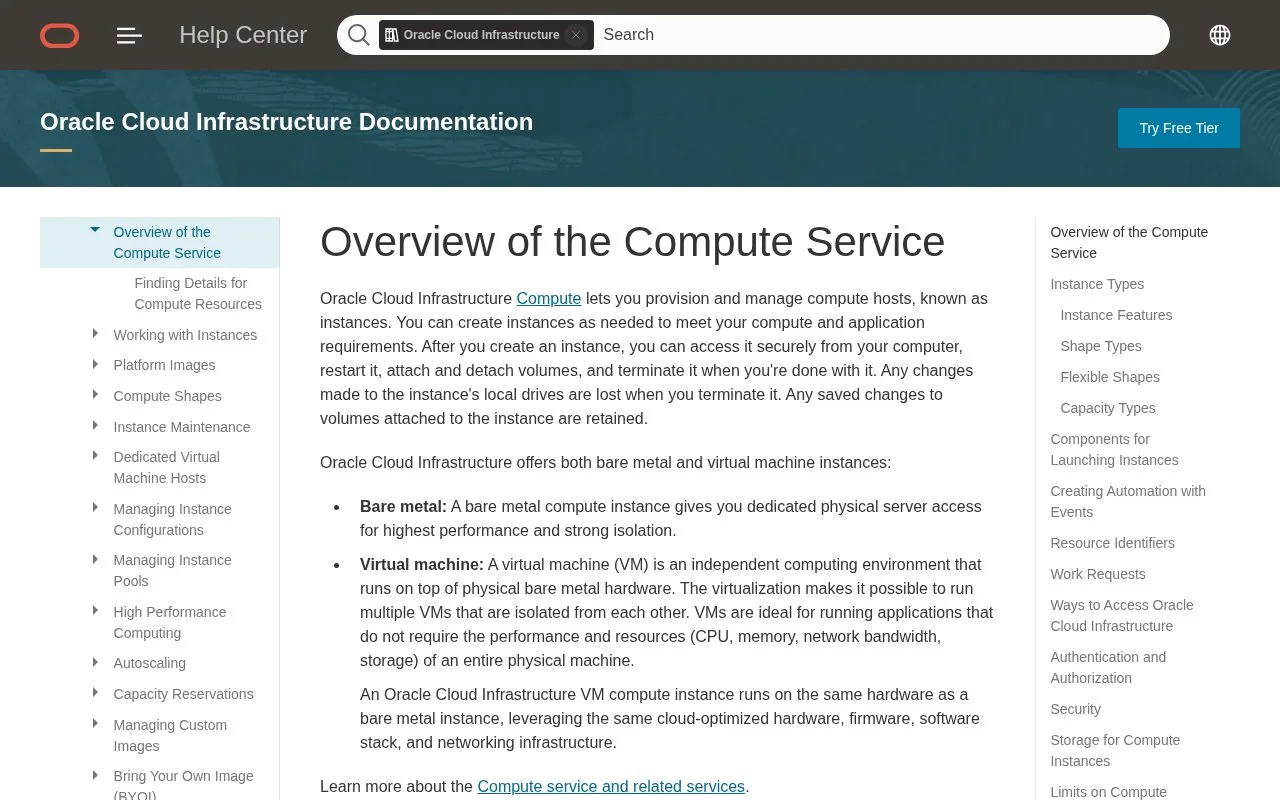 Screenshot of the Oracle Cloud Infrastructure Compute homepage