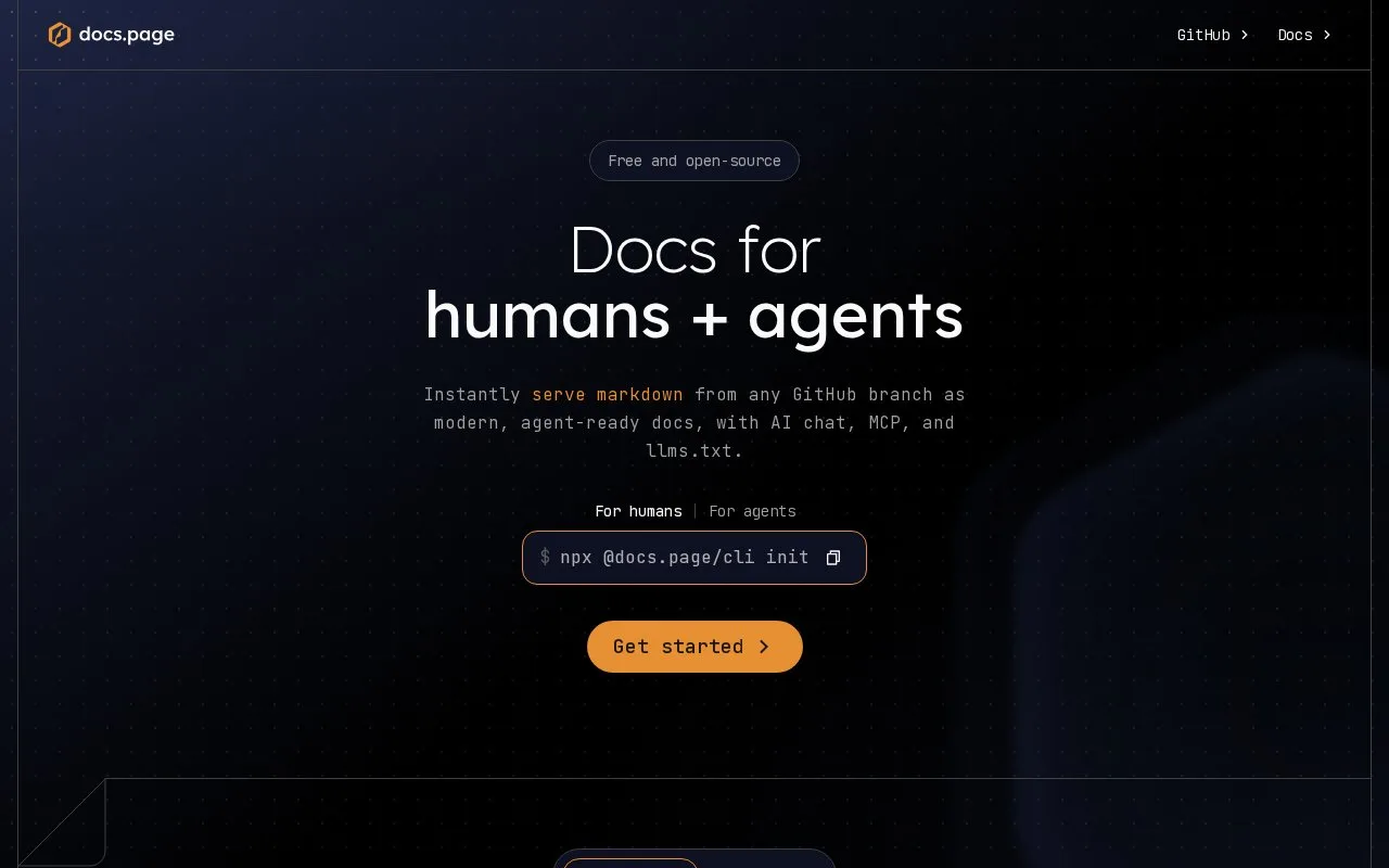 Screenshot of the docs.page homepage